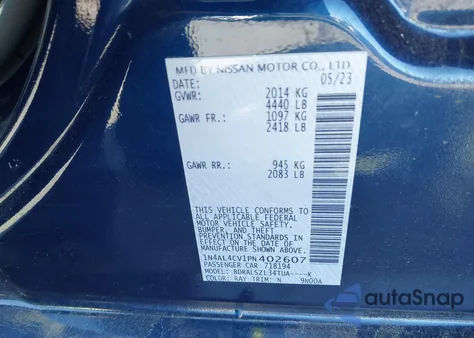 2023 Nissan Altima Sr Vc-Turbo Fwd из США, поврежденный, VIN 1N4AL4CV1PN402607